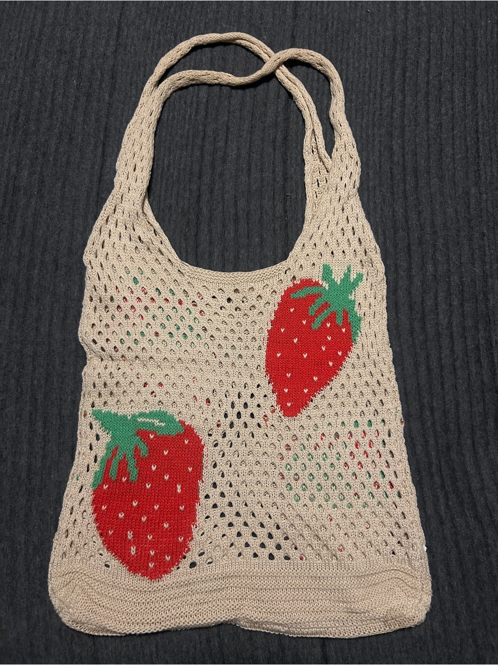 Beige Strawberry Knit Market Tote Bag